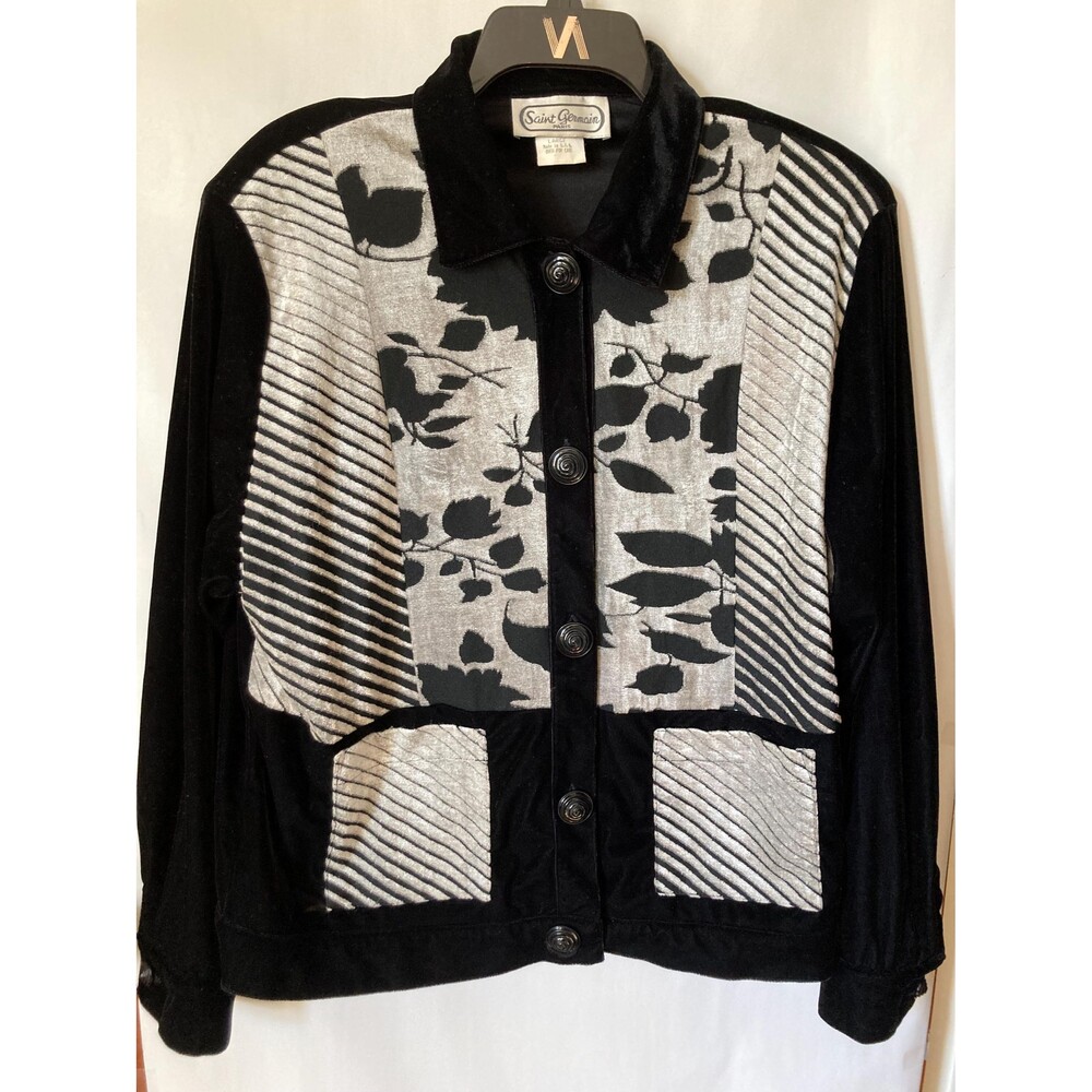 Vintage Saint Germain Paris Velvet Blazer, Floral Silvery Gray Black, Size L